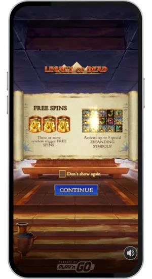Welkomstscherm van Legacy of Dead met uitleg over free spins en expanding symbols